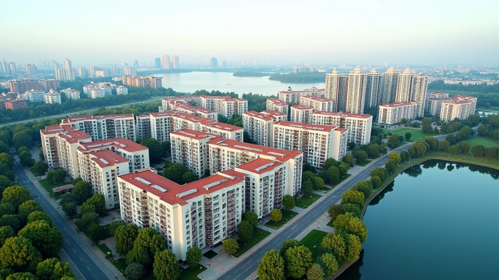 Вид на многоквартирные дома и развитую инфраструктуру района Алматы с видом на озеро