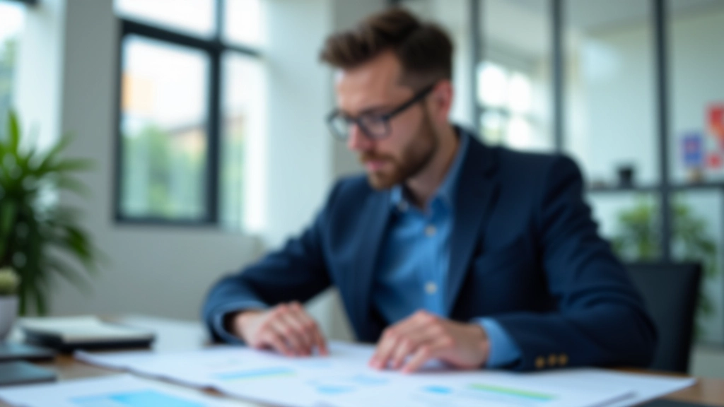 Аналитик недвижимости работает с несколькими источниками данных на рабочем столе, множество документов и таблиц, профессиональное освещение