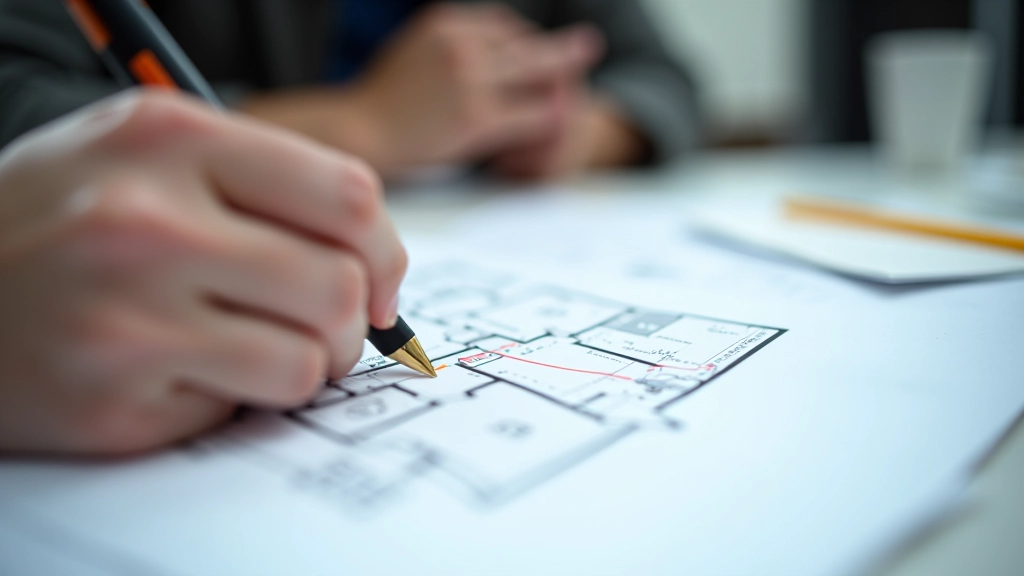 Человек, изучающий план квартиры с измеренной площадью на столе среди документов