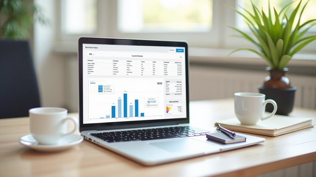 Ноутбук с открытой таблицей данных о ценах на аренду, кофе и блокнот на рабочем столе