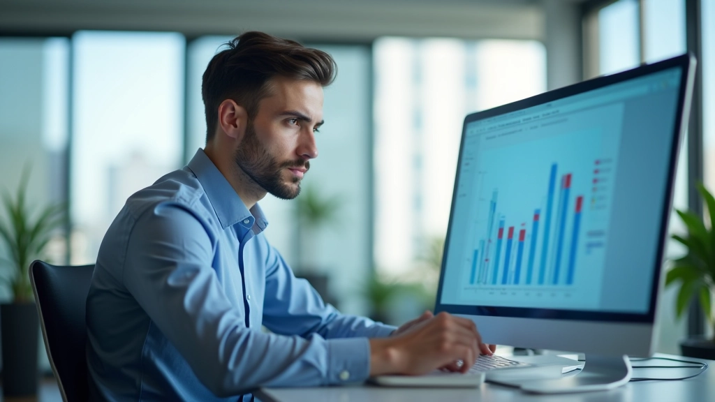 Аналитик рынка недвижимости анализирует данные по районам Алматы на компьютере в офисе