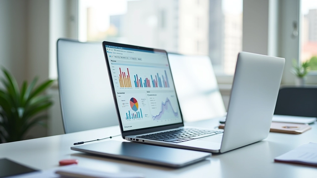 Современный офис с монитором, показывающим графики рынка недвижимости и аналитику