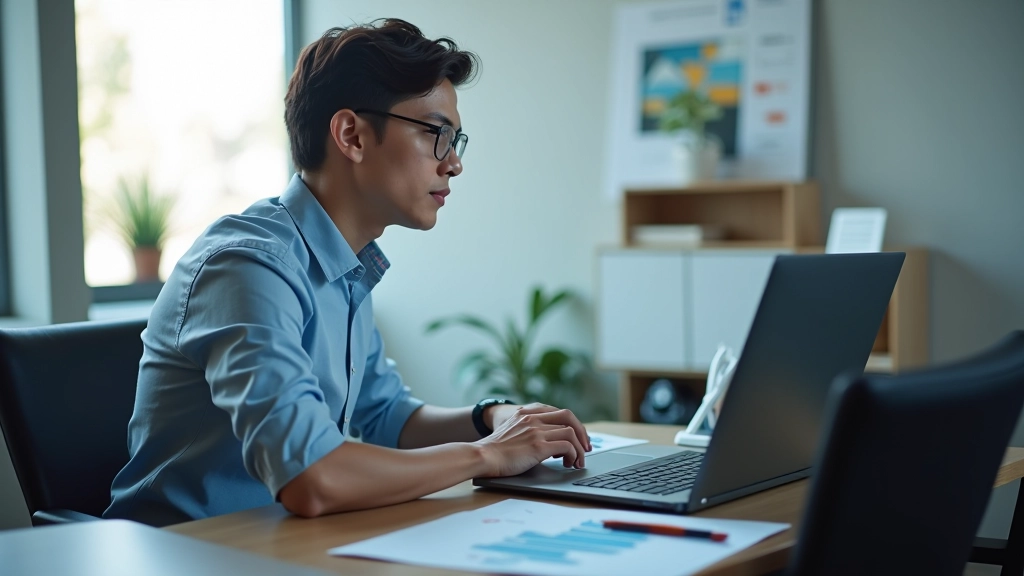 Человек изучает графики и таблицы аналитики рынка жилья на ноутбуке в современном офисе, яркое естественное освещение