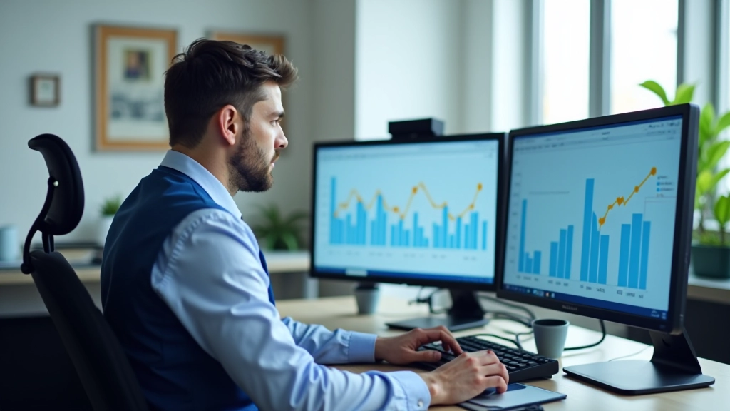 Рабочее место с несколькими мониторами, отображающими графики тенденций рынка недвижимости