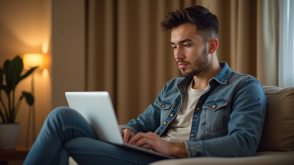 Молодой человек просматривает объявления об аренде квартир на ноутбуке в домашней обстановке
